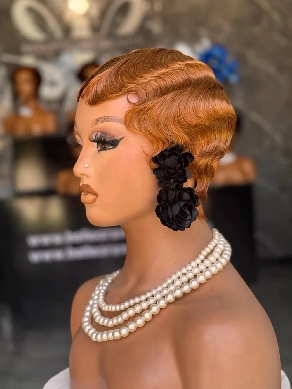 Copper Finger Wave Wig with Black Floral Accent